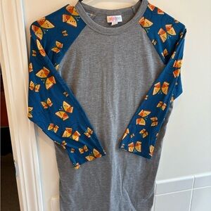 LuLaRoe Gray and Blue Raglan Tee with Orange Pattern